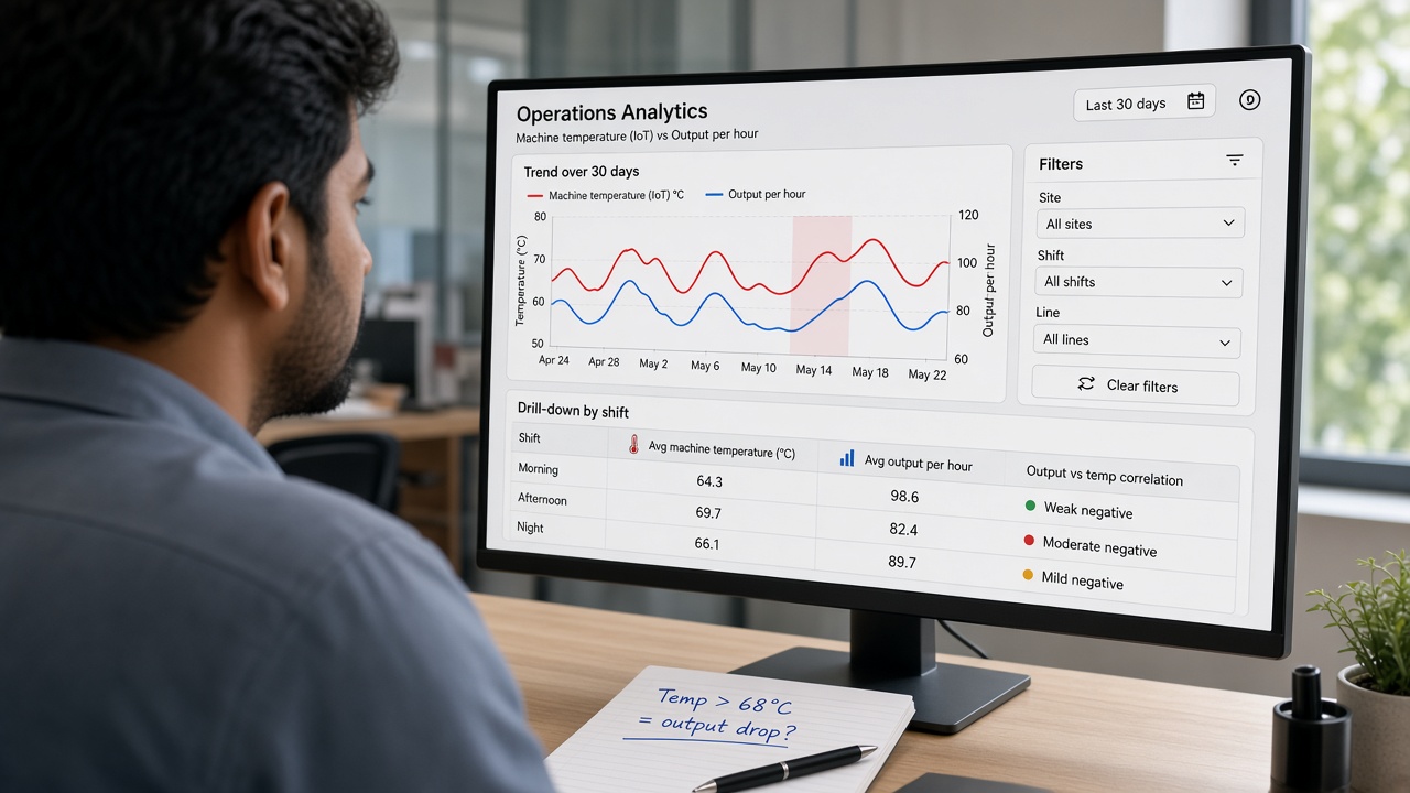 Operations analyst viewing a chart of machine temperature from IoT sensors against output per hour over 30 days, with site, shift and line filters, a drill-down table by shift and a handwritten note asking whether high temperature causes an output drop