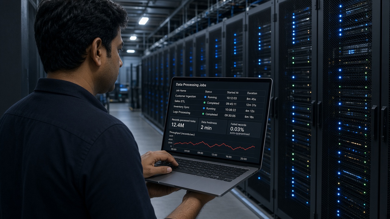 Over-the-shoulder view of a data engineer in a server room aisle holding a laptop showing data processing jobs, records processed today, data freshness of two minutes, a small percentage of failed records auto-quarantined and a throughput chart
