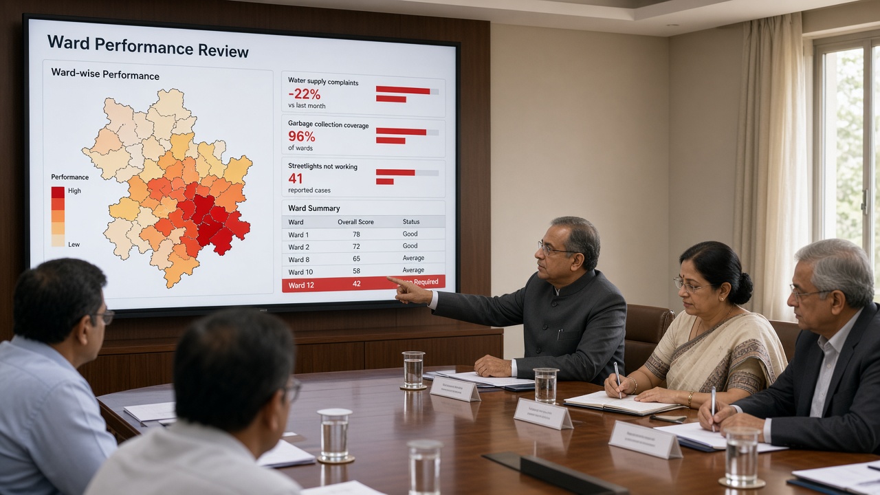 Municipal review meeting where officials around a conference table look at a ward performance review dashboard with a ward-wise map, water supply complaints, garbage collection coverage, streetlights not working and a ward flagged as action required