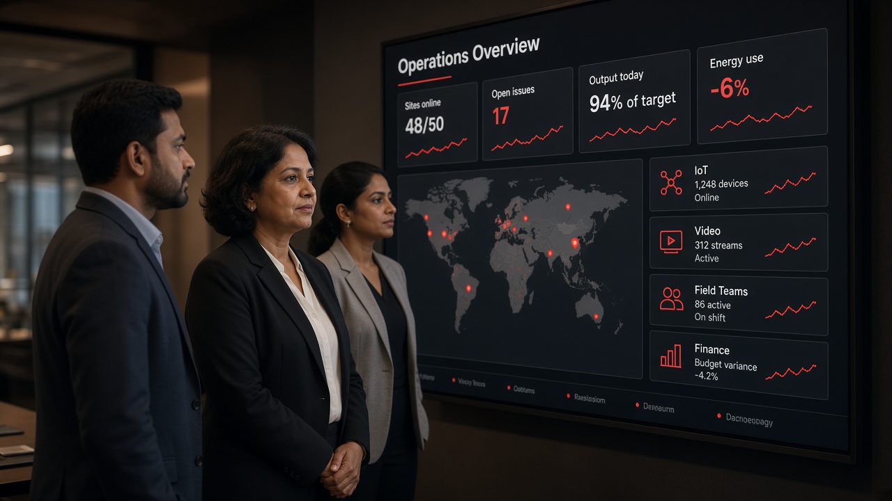 Senior executive and two colleagues in a briefing room viewing an operations overview dashboard with sites online, open issues, output against target, energy use, a site map and IoT, video, field team and finance panels