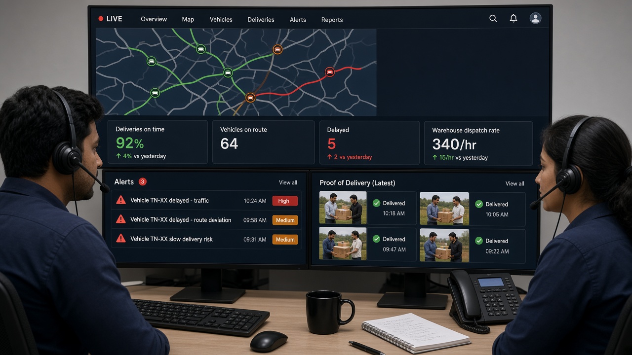 Two logistics dispatchers with headsets facing a live operational dashboard with a route map of vehicles, deliveries on time, vehicles on route, delayed deliveries, warehouse dispatch rate, alerts and proof-of-delivery photos from the field