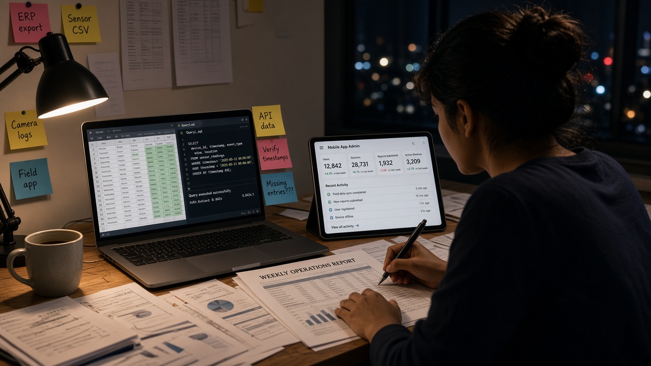 Over-the-shoulder view of an analyst working late, writing a weekly operations report by hand from a laptop spreadsheet and database query, a mobile app admin panel on a tablet and piles of printed reports, with sticky notes for ERP export, sensor CSV, camera logs, field app and API data