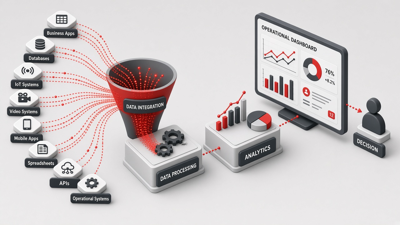 Isometric illustration of business apps, databases, IoT systems, video systems, mobile apps, spreadsheets, APIs and operational systems streaming data into a data integration funnel, through data processing and analytics to an operational dashboard and a decision