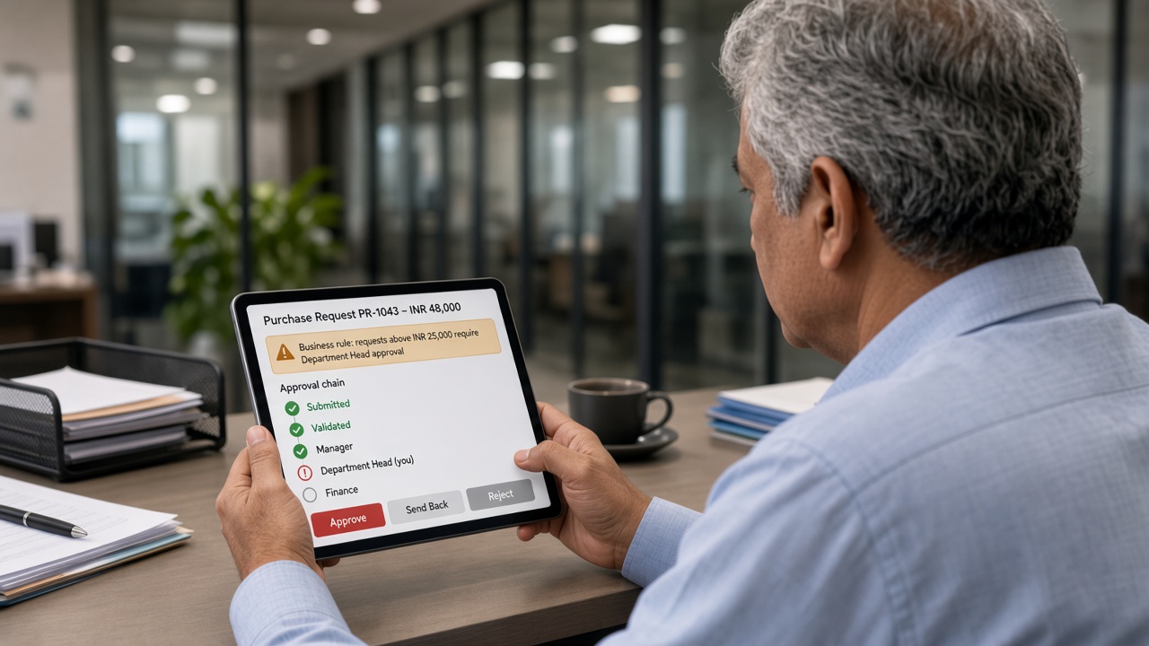 Over-the-shoulder view of a department head at his desk reviewing purchase request PR-1043 on a tablet, with a business rule requiring department head approval above INR 25,000, an approval chain from submitted to finance and approve, send back and reject buttons