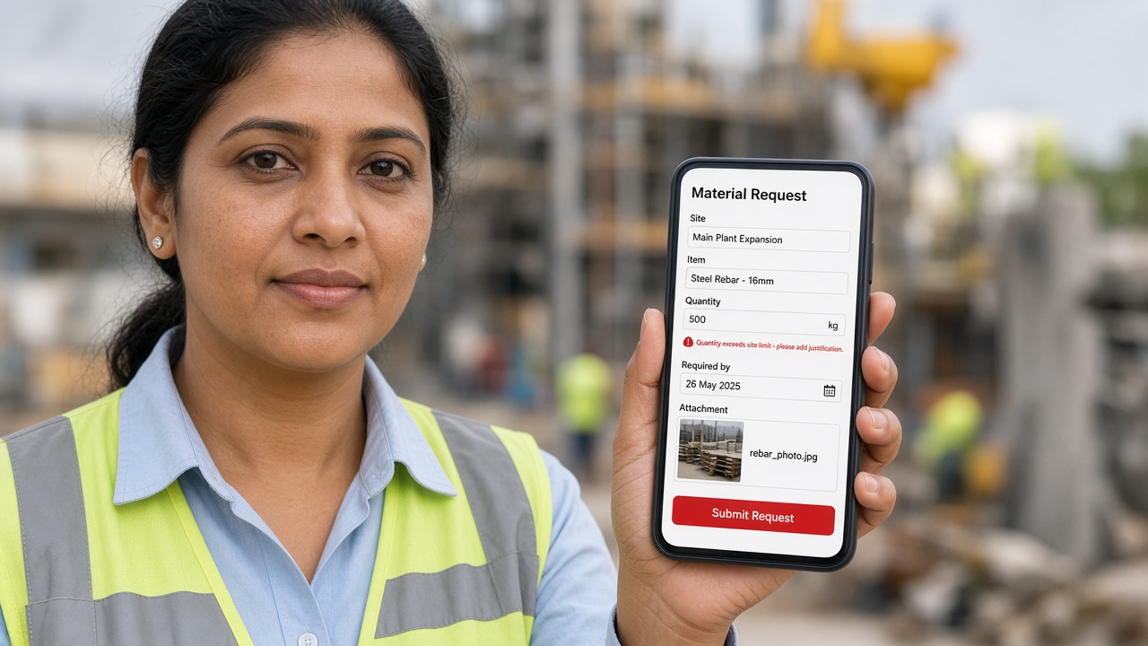 Site supervisor in a hi-vis vest holding a smartphone with a material request form showing site, item, quantity, required date and photo attachment, with a validation message that the quantity exceeds the site limit