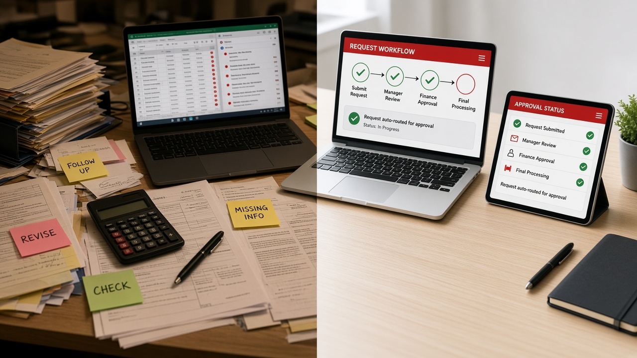 Split desk scene: on the left, stacks of paper forms, sticky notes, a calculator and a cluttered spreadsheet; on the right, a clean desk with a laptop and tablet showing a digital request workflow auto-routed for approval