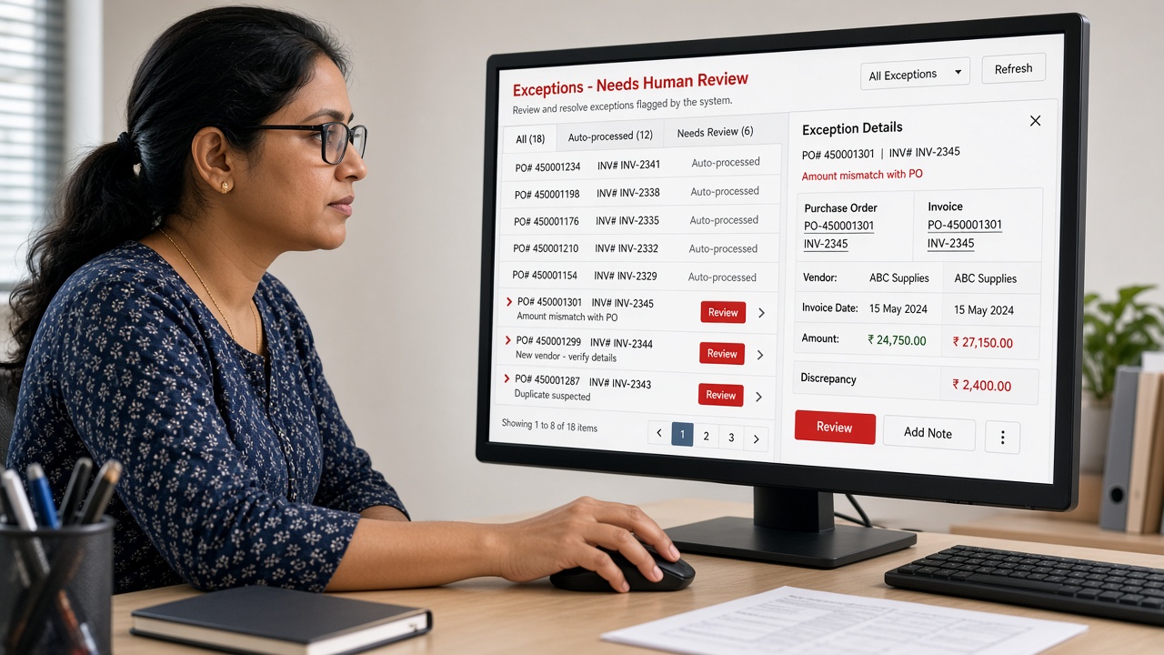 Accounts officer reviewing an exceptions queue where most items are auto-processed and three flagged items such as amount mismatch with purchase order, new vendor and suspected duplicate await human review