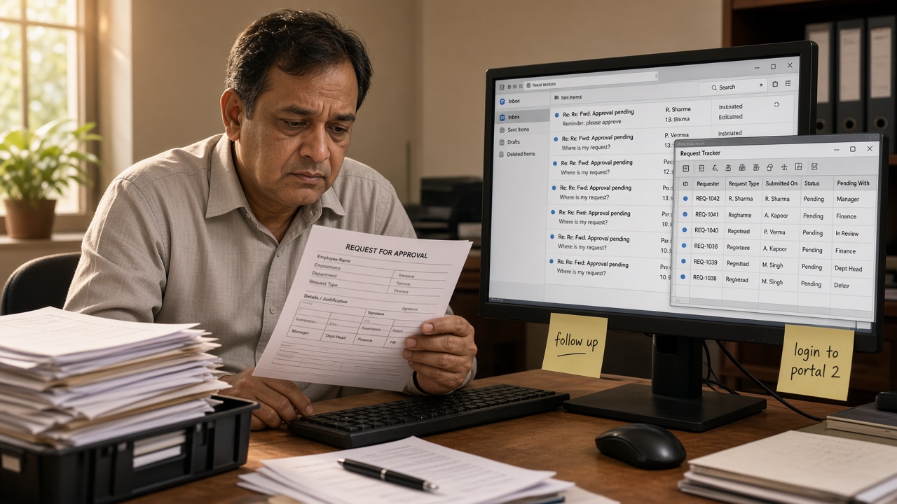Office manager holding a printed approval form with signature boxes while his monitor shows an inbox of repeated approval pending and where is my request emails and a manual request tracker spreadsheet
