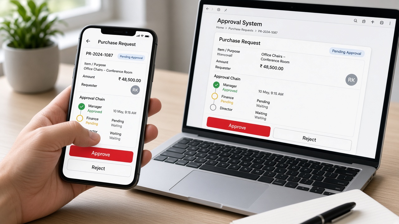 Phone and laptop showing a purchase request of 48,500 rupees with a manager, finance and director approval chain and approve and reject buttons