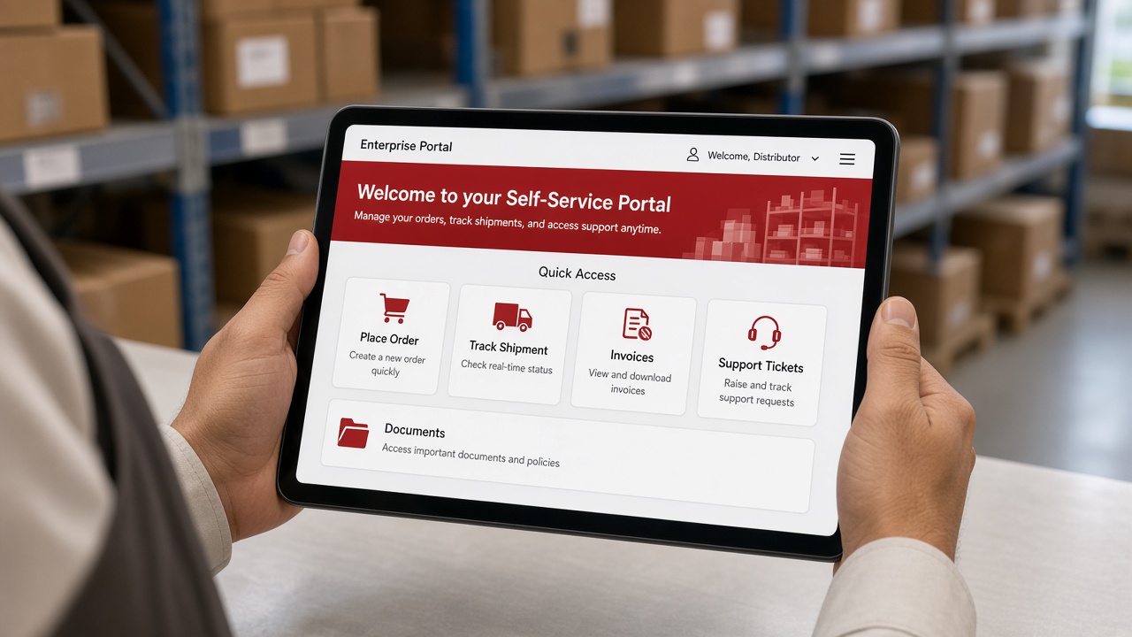 Distributor at a warehouse counter holding a tablet showing a self-service enterprise portal with place order, track shipment, invoices, support tickets and documents