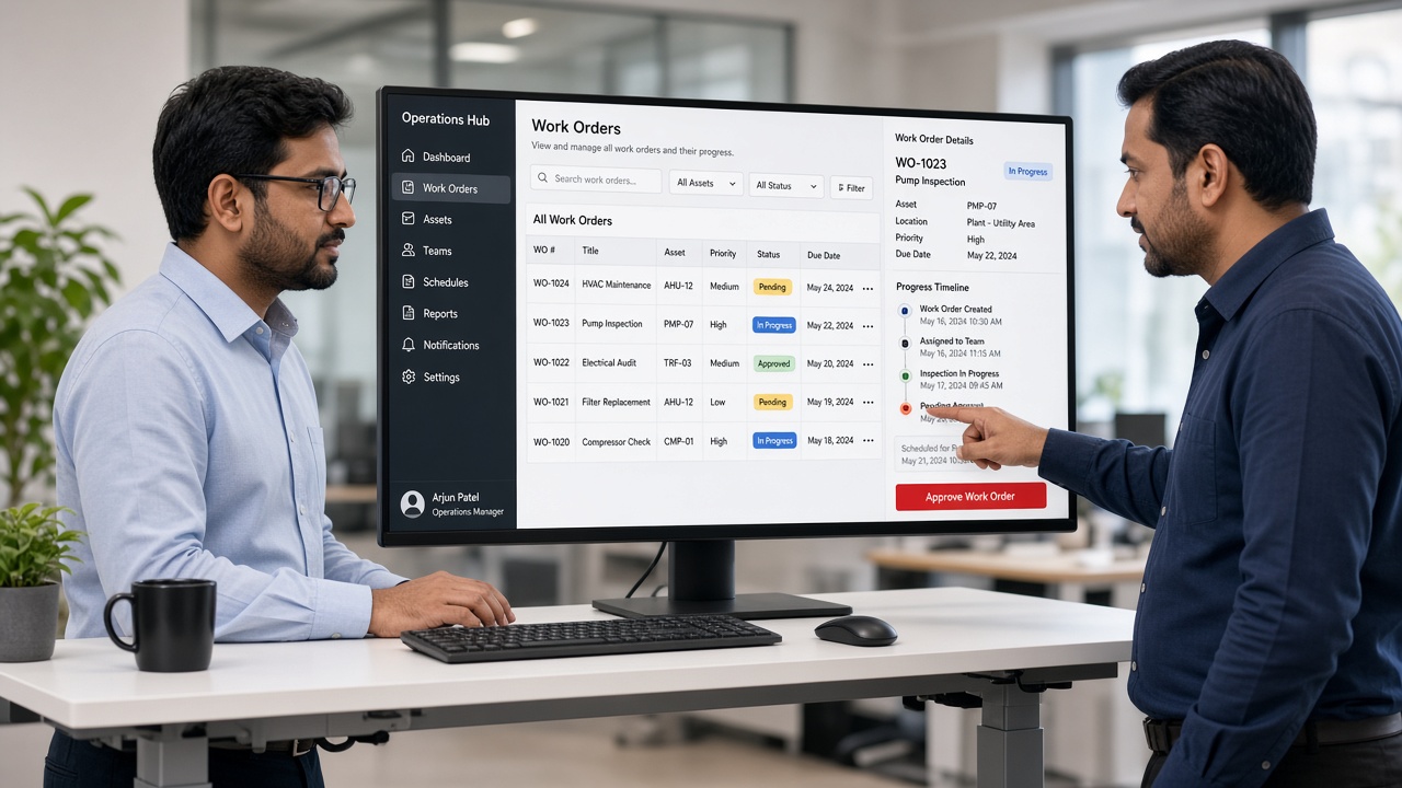 Operations manager and colleague reviewing a custom web-based work-order application with status chips, a detail panel, a progress timeline and an approve button