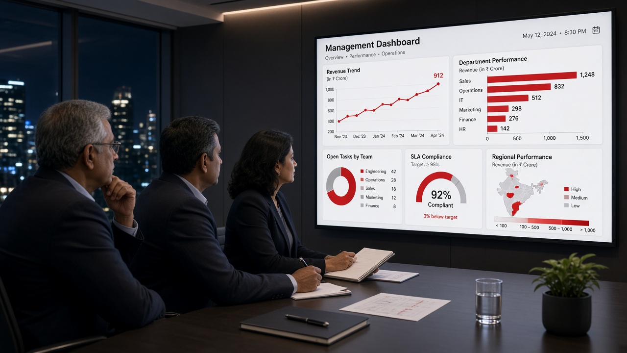 Leadership team in a boardroom reviewing a management dashboard with revenue trend, department performance, open tasks by team, SLA compliance and regional performance