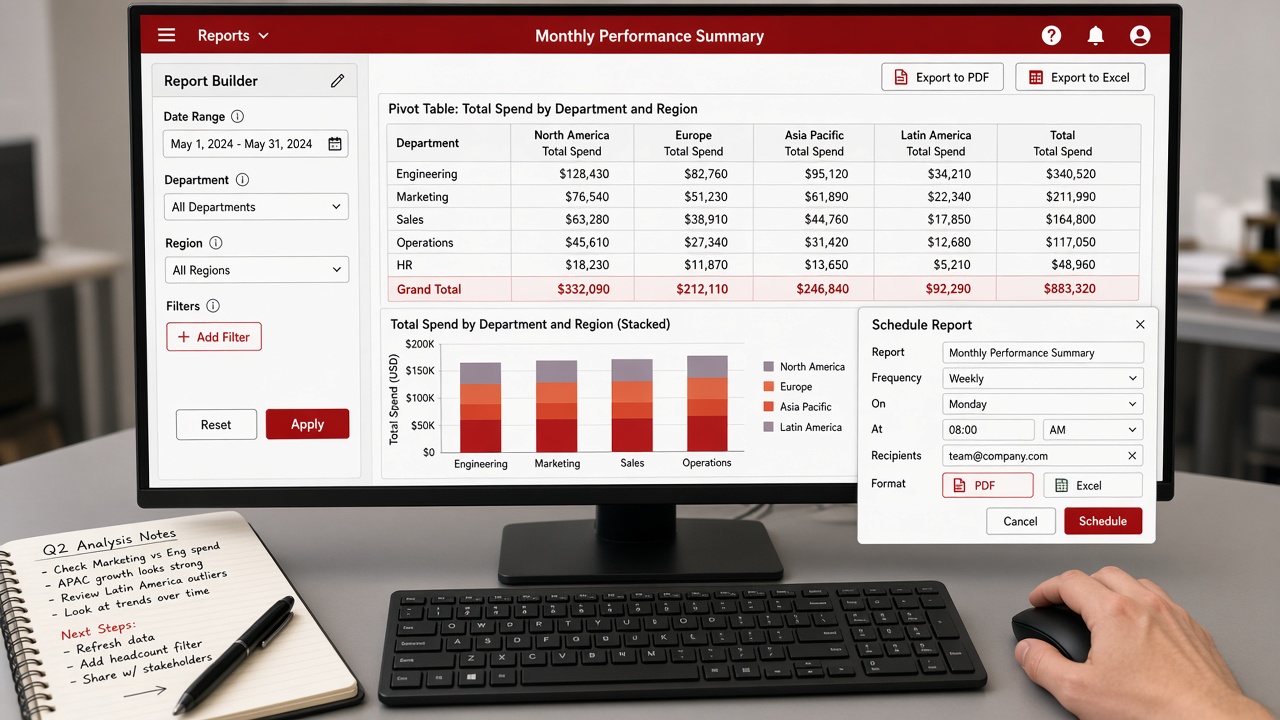 Monitor showing a report builder with date, department and region filters, a pivot table, a stacked bar chart, PDF and Excel export and a schedule report dialog