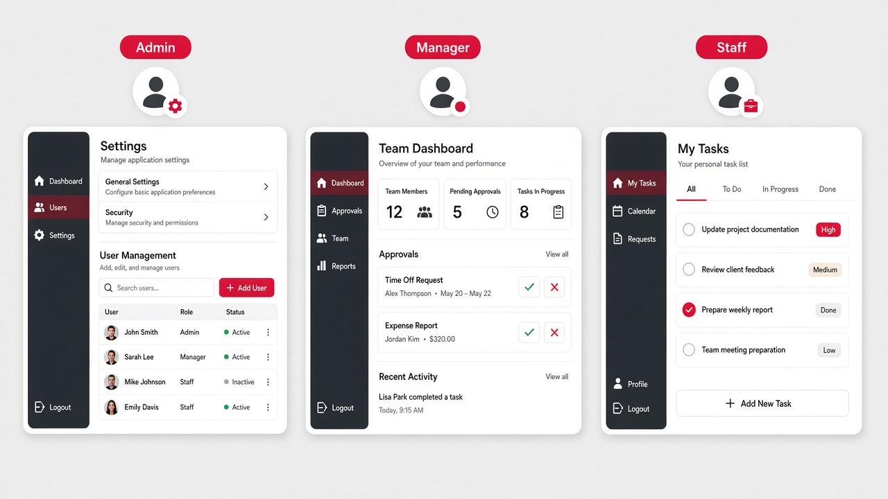 The same web application shown as three screens for Admin with settings and user management, Manager with a team dashboard and approvals, and Staff with a personal task list