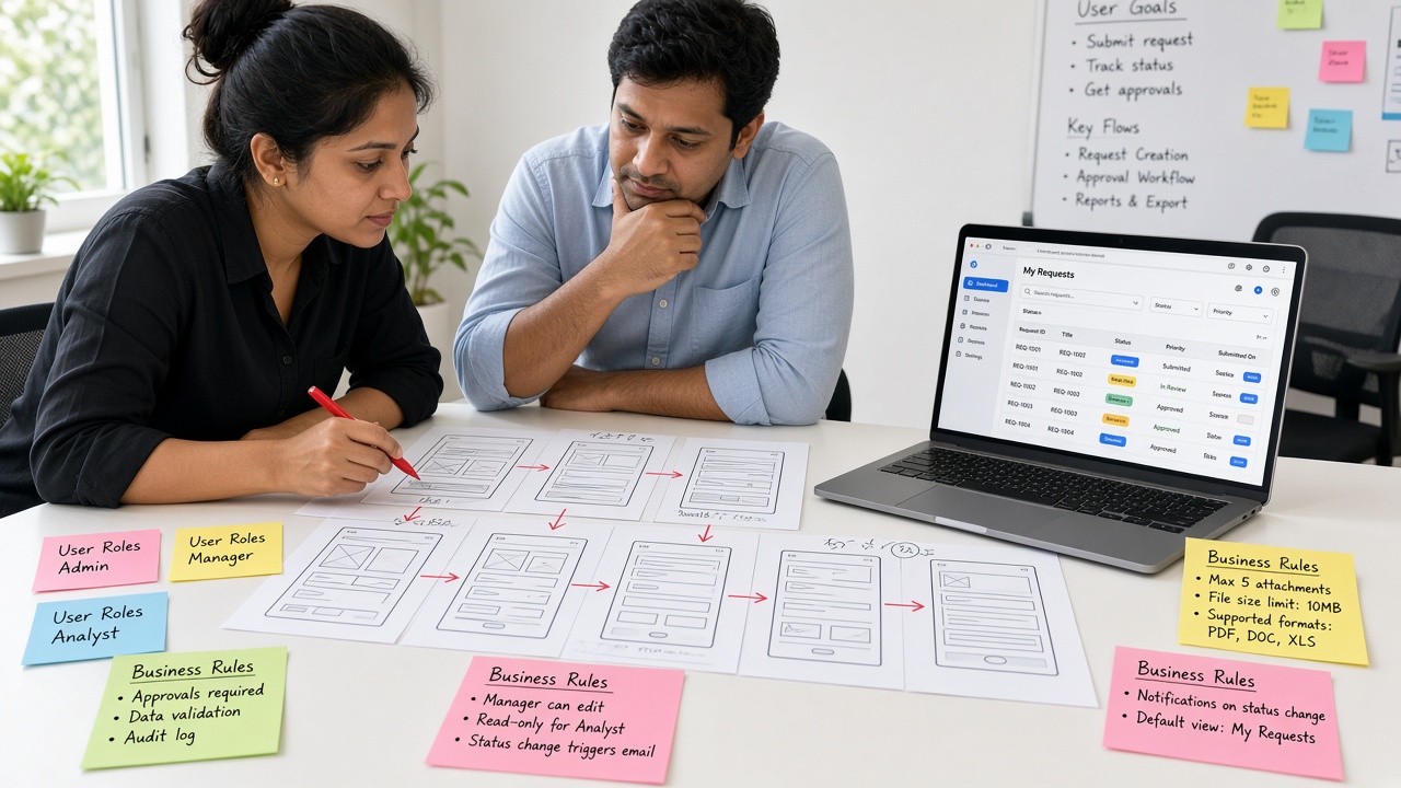 Designer and business analyst reviewing paper wireframes linked by red arrows, sticky notes listing user roles and business rules, and a clickable prototype on a laptop