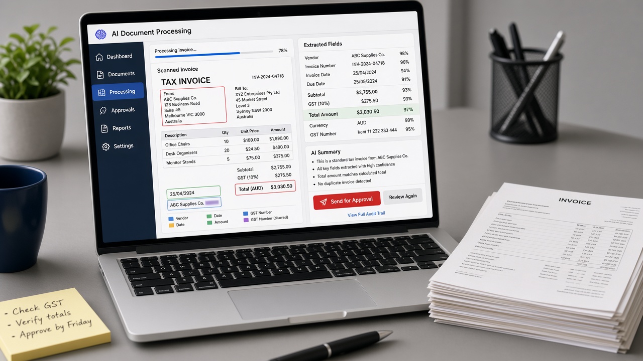 Laptop showing an AI document processing screen with a scanned invoice, extracted fields with confidence scores, an AI summary and a send for approval button, beside a stack of paper invoices