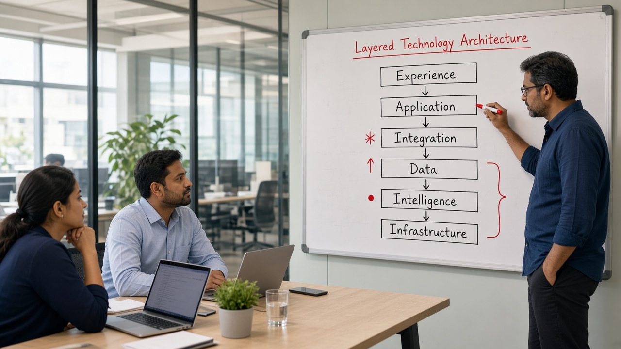 Software architect drawing a six-layer technology architecture on a whiteboard, from experience and application through integration, data and intelligence to infrastructure
