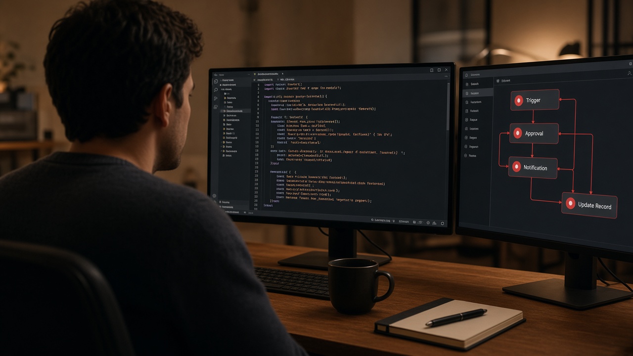 Developer at a dual-monitor workstation with backend API code on one screen and a visual workflow automation builder with trigger, approval, notification and update record steps on the other