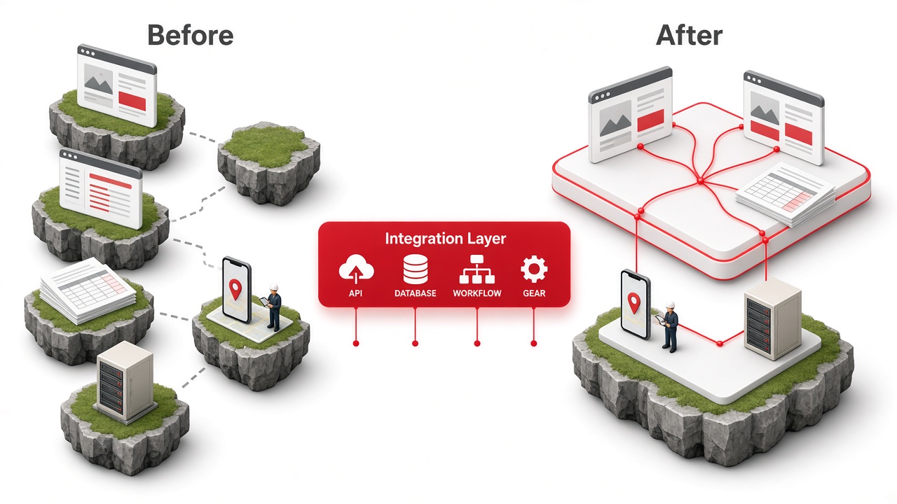 Isometric illustration of separate apps, a spreadsheet, a mobile field worker and a legacy server on disconnected islands, joined through a red integration layer onto one connected platform