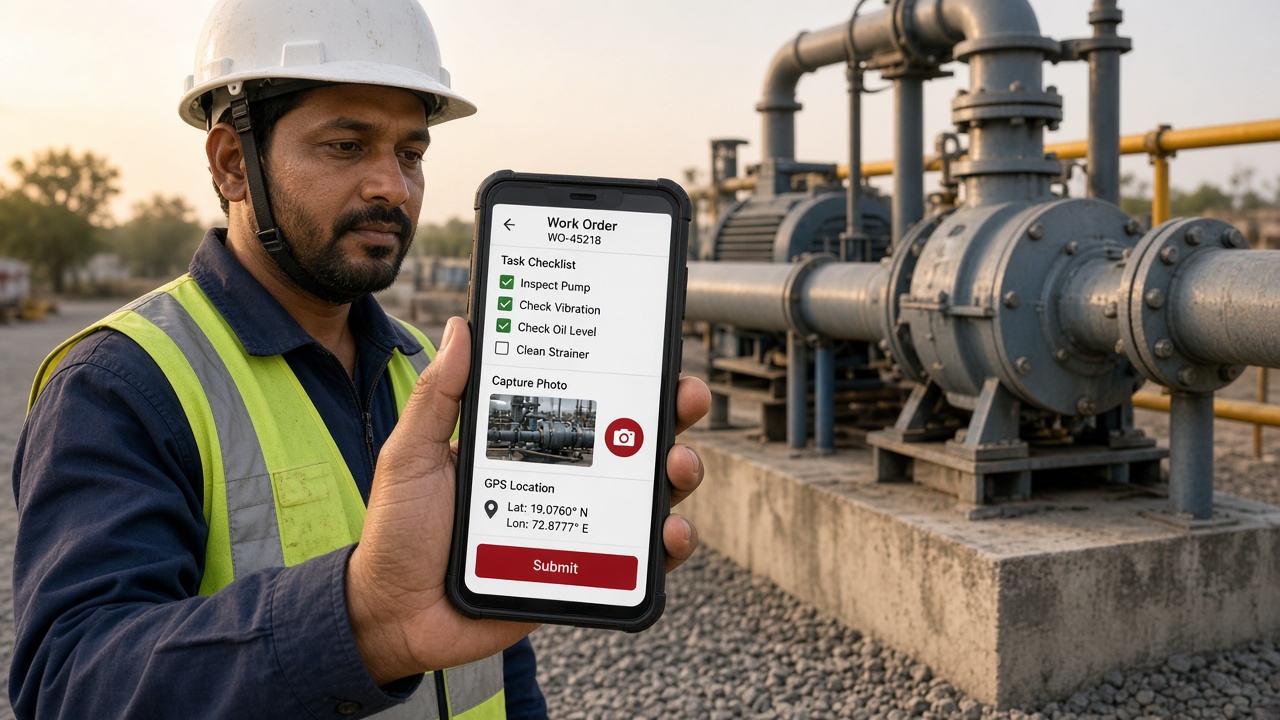 Field technician in a hard hat and high-visibility vest at a pump station holding a phone with a mobile work-order app showing a task checklist, photo capture, GPS location and submit button
