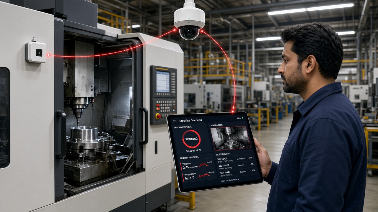 Production supervisor holding a tablet app showing machine status, vibration and temperature readings, a camera snapshot and work orders, linked to a CNC machine sensor and a ceiling camera