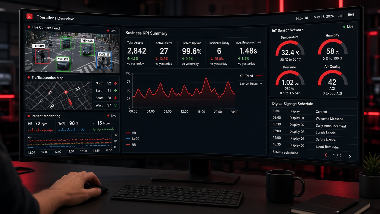 Curved monitor showing one enterprise dashboard that combines a live AI camera feed, a traffic junction map, IoT sensor gauges, patient monitoring charts, a digital signage schedule and business KPIs