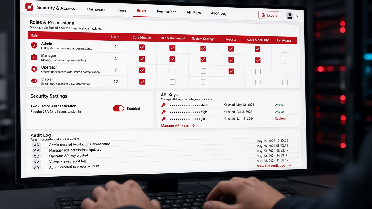 Administrator console with a roles and permissions matrix for Admin, Manager, Operator and Viewer, a two-factor authentication toggle, masked API keys and an audit log
