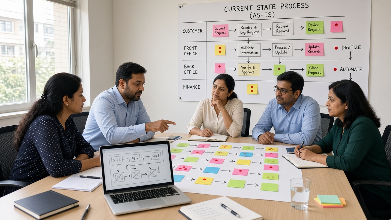 Business analyst leading a workshop with client staff around a current-state process map of sticky notes in swimlanes, with steps marked to digitize and automate
