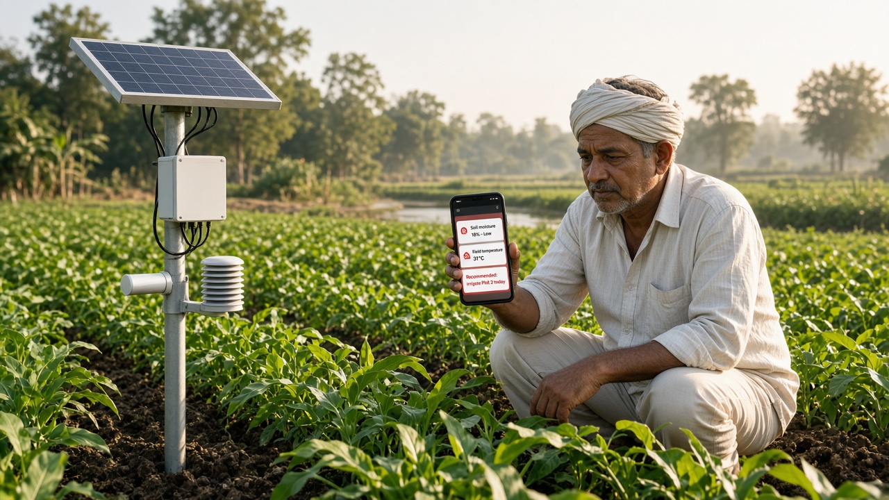 Farmer kneeling beside a solar-powered soil moisture and weather sensor in a crop field, looking at a phone showing low soil moisture, field temperature and a recommendation to irrigate a plot today