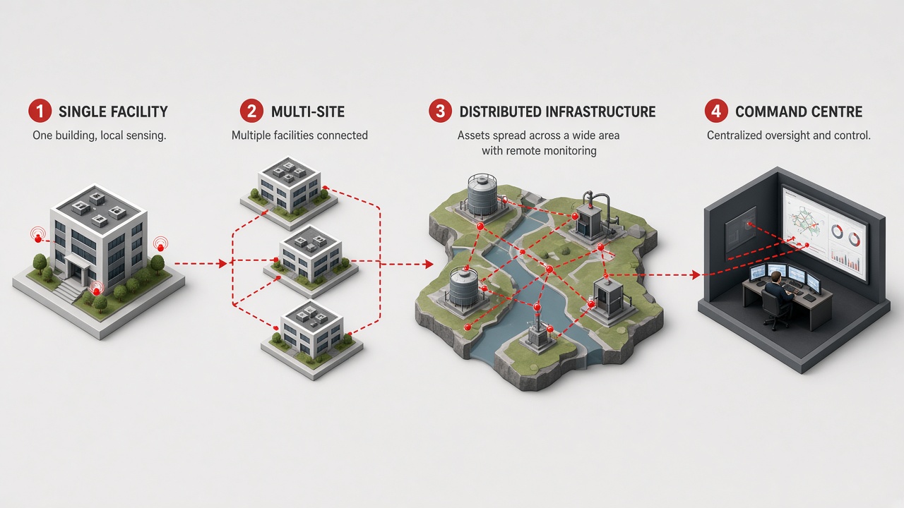 Isometric illustration of four deployment scales: a single facility, three connected sites, distributed infrastructure across a landscape and a command centre receiving all links