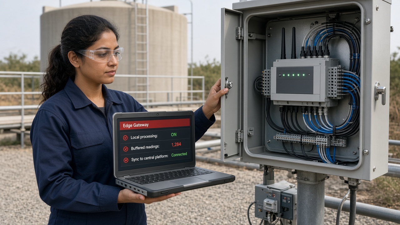 Engineer at a remote pumping site opening an outdoor enclosure containing an industrial edge gateway with antennas and sensor wiring, holding a laptop showing local processing on, buffered readings and sync to the central platform connected