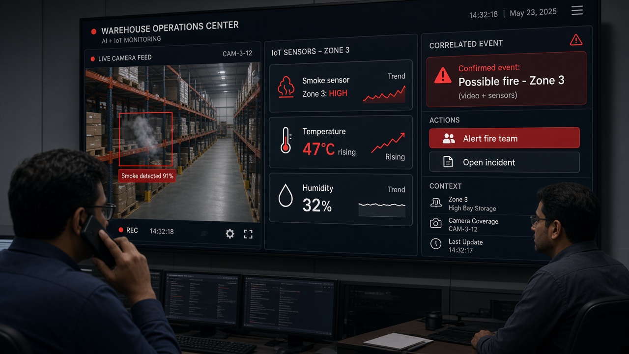 Warehouse operations wall display combining an AI camera detection of smoke in a storage aisle, IoT smoke, temperature and humidity sensor tiles and a correlated possible fire event with alert fire team and open incident actions