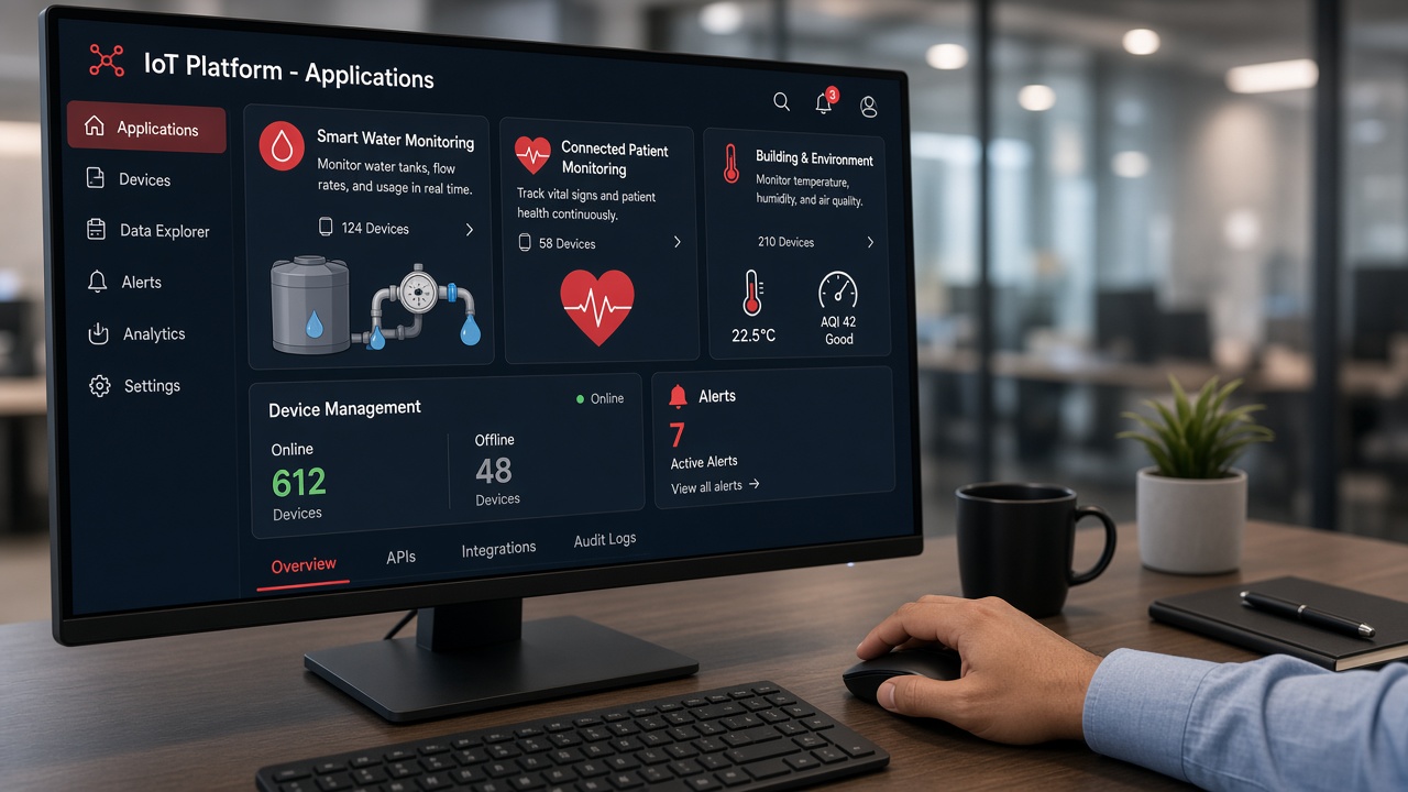 IoT platform applications screen with smart water monitoring, connected patient monitoring and building and environment applications, device management online and offline counts, active alerts and an APIs tab