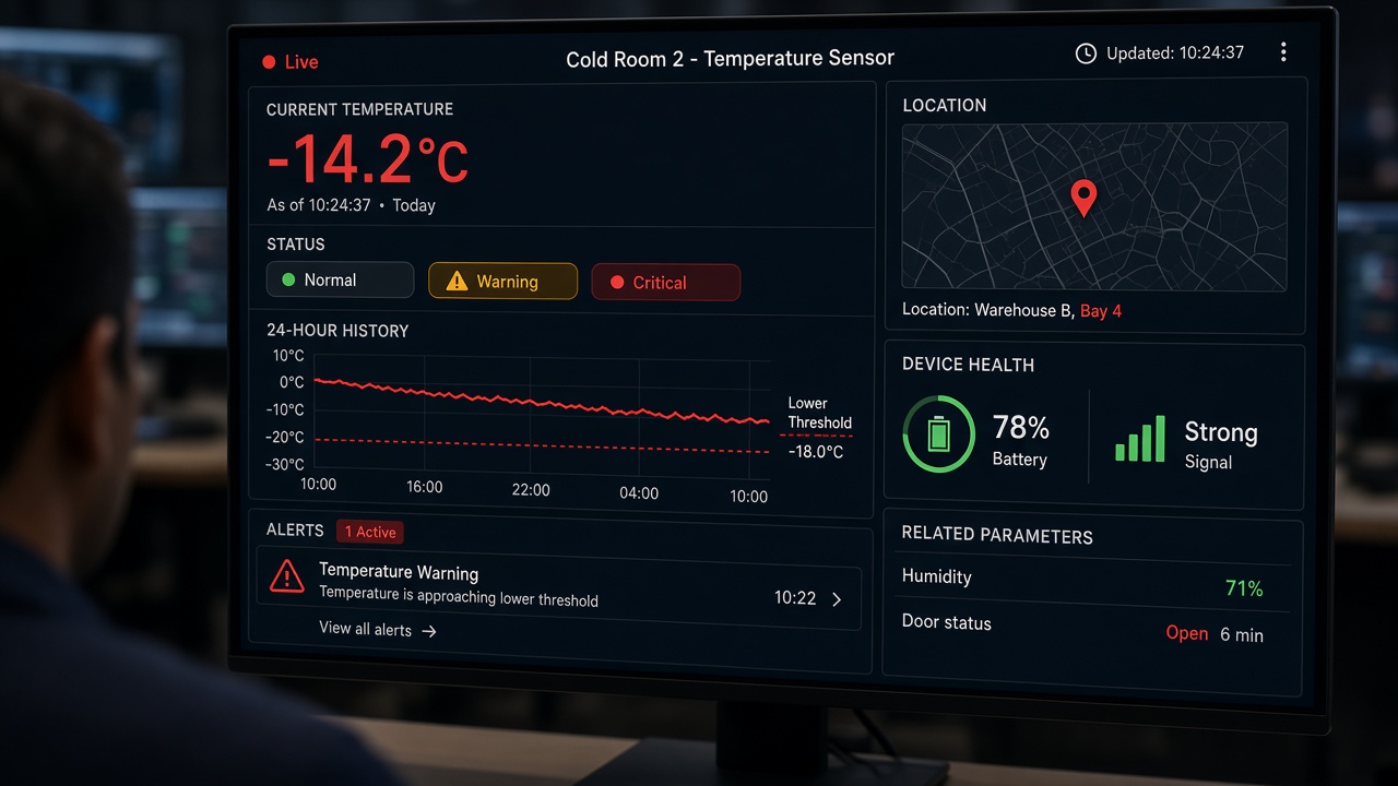 Real-time monitoring screen for a cold room temperature sensor showing the current value, normal, warning and critical status with warning highlighted, a 24-hour trend against a threshold, an active alert, the location, device battery and signal, humidity and door status