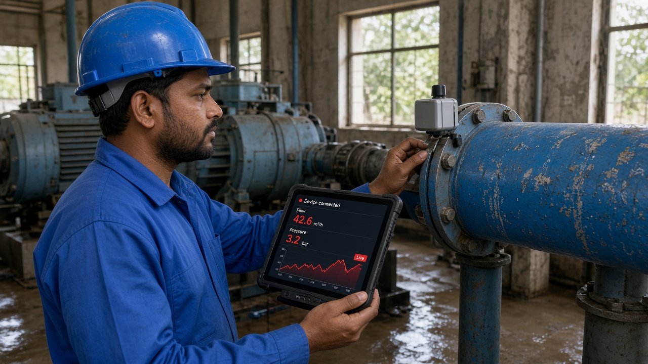 Field technician in a helmet mounting a wireless sensor on a large water pipe in a pump room while his rugged tablet shows the device connected with live flow and pressure readings