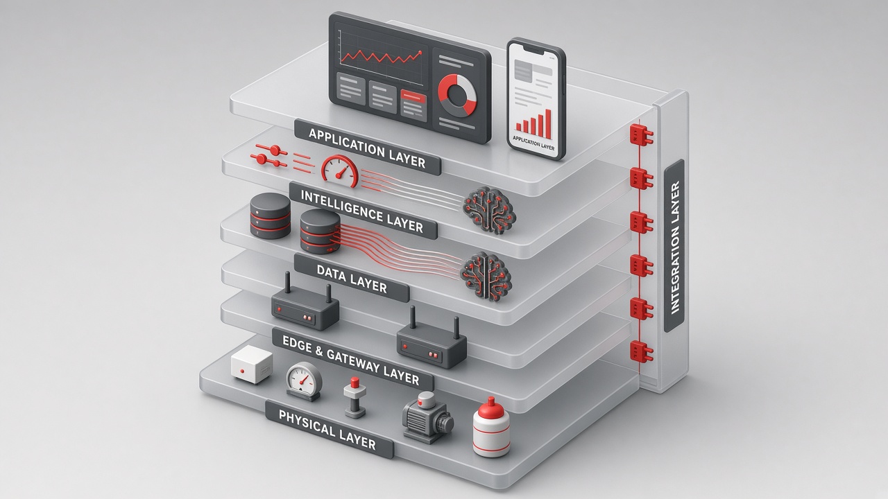 Isometric stack of layers labelled physical layer, edge and gateway layer, data layer, intelligence layer and application layer, with a vertical integration layer of API connectors joining them