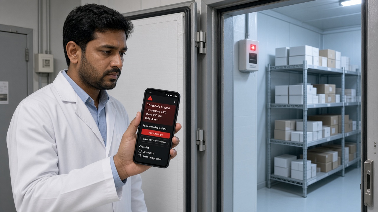 Technician at an open cold store door holding a phone with a threshold breach alert for temperature above the limit, acknowledge and start corrective action buttons and a checklist, with a blinking wall sensor inside