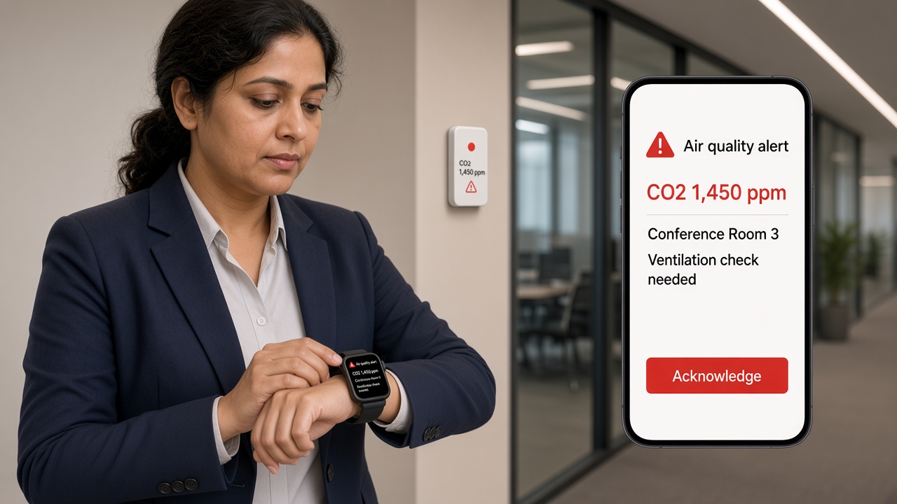Facility manager in an office corridor checking an air quality alert on her smartwatch, beside a phone screen showing the same high CO2 alert for conference room 3 with a ventilation check needed and an acknowledge button