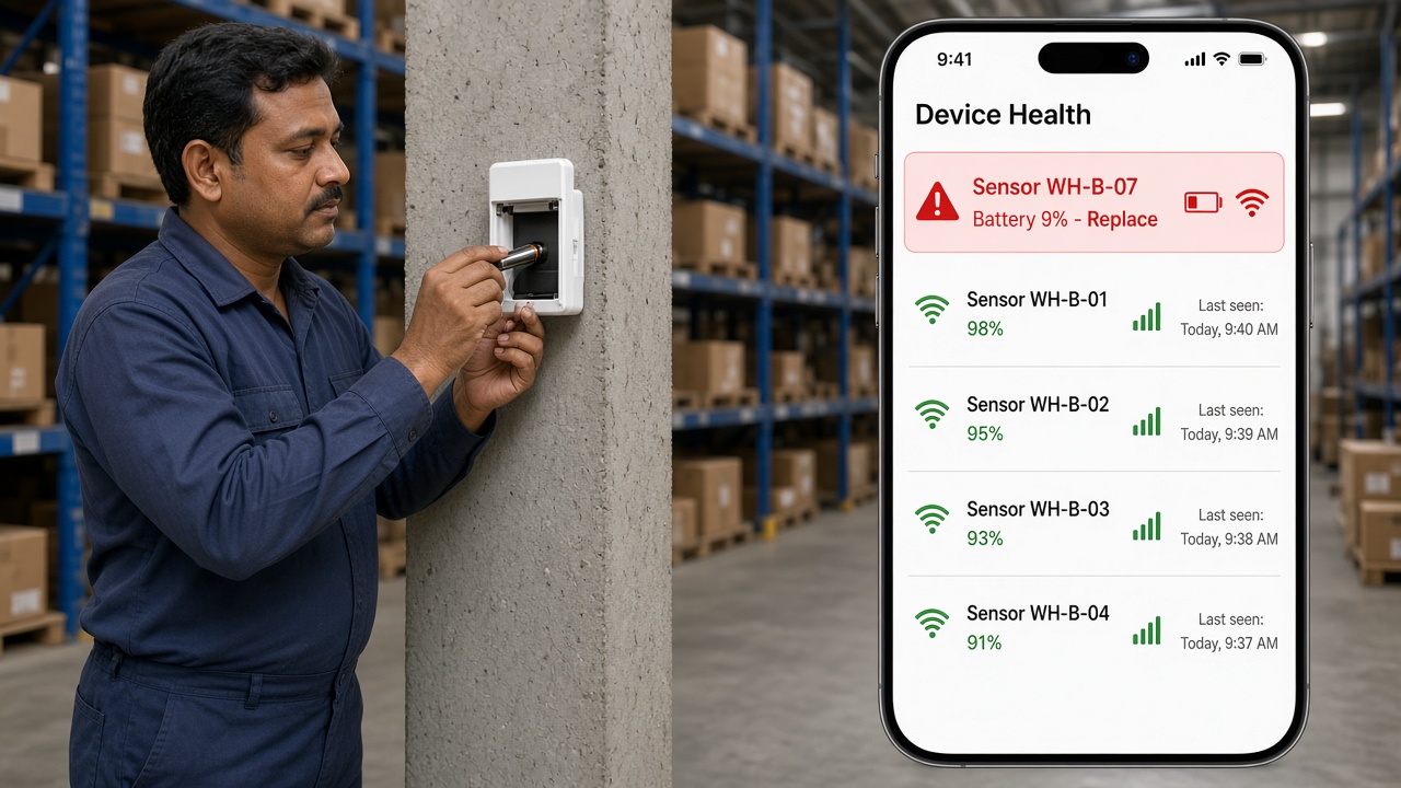 Maintenance technician in a warehouse aisle inserting a fresh battery into an open wireless sensor on a pillar, beside a phone screen showing a device health list with one sensor flagged at 9 percent battery for replacement