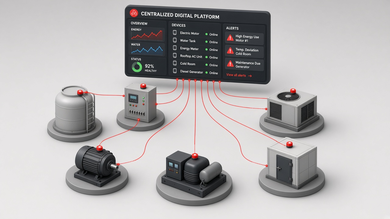 Isometric illustration of a water tank, energy meter panel, motor, generator, air-conditioning unit and cold room, each with a sensor, connected by red lines to a floating centralized digital platform showing energy and water charts, a device list and alerts