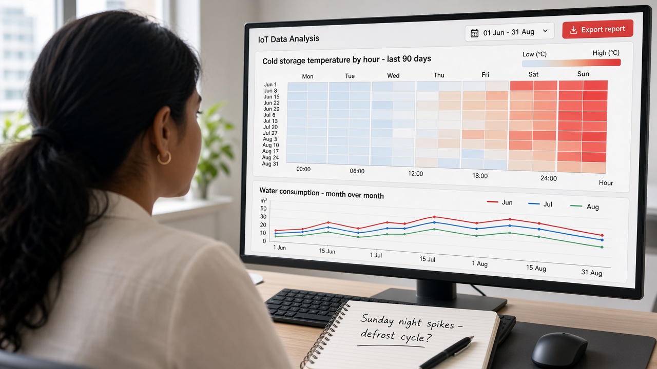 Analyst viewing a 90-day heatmap of cold storage temperature by hour and day with warmer readings at the weekend, a month-over-month water consumption chart and a note questioning a defrost cycle