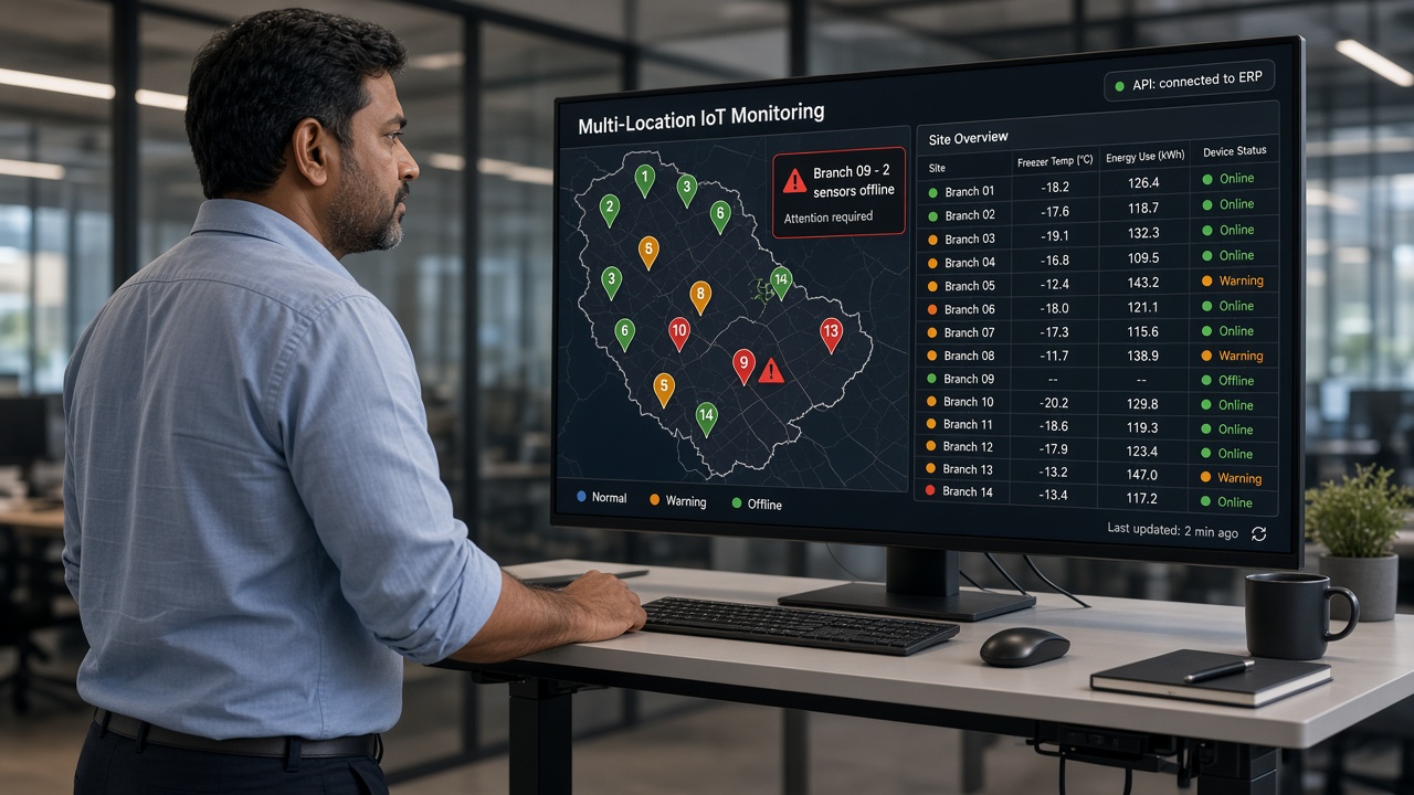 Regional operations head viewing a multi-location IoT monitoring screen with a map of 14 branch pins, a site table of freezer temperature, energy use and device status, a branch flagged with sensors offline and an API connected to ERP badge