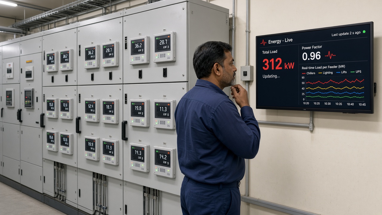 Facility electrician in an electrical panel room with smart energy meters, checking a wall display showing live total load, power factor and real-time load per feeder for chillers, lighting, lifts and UPS