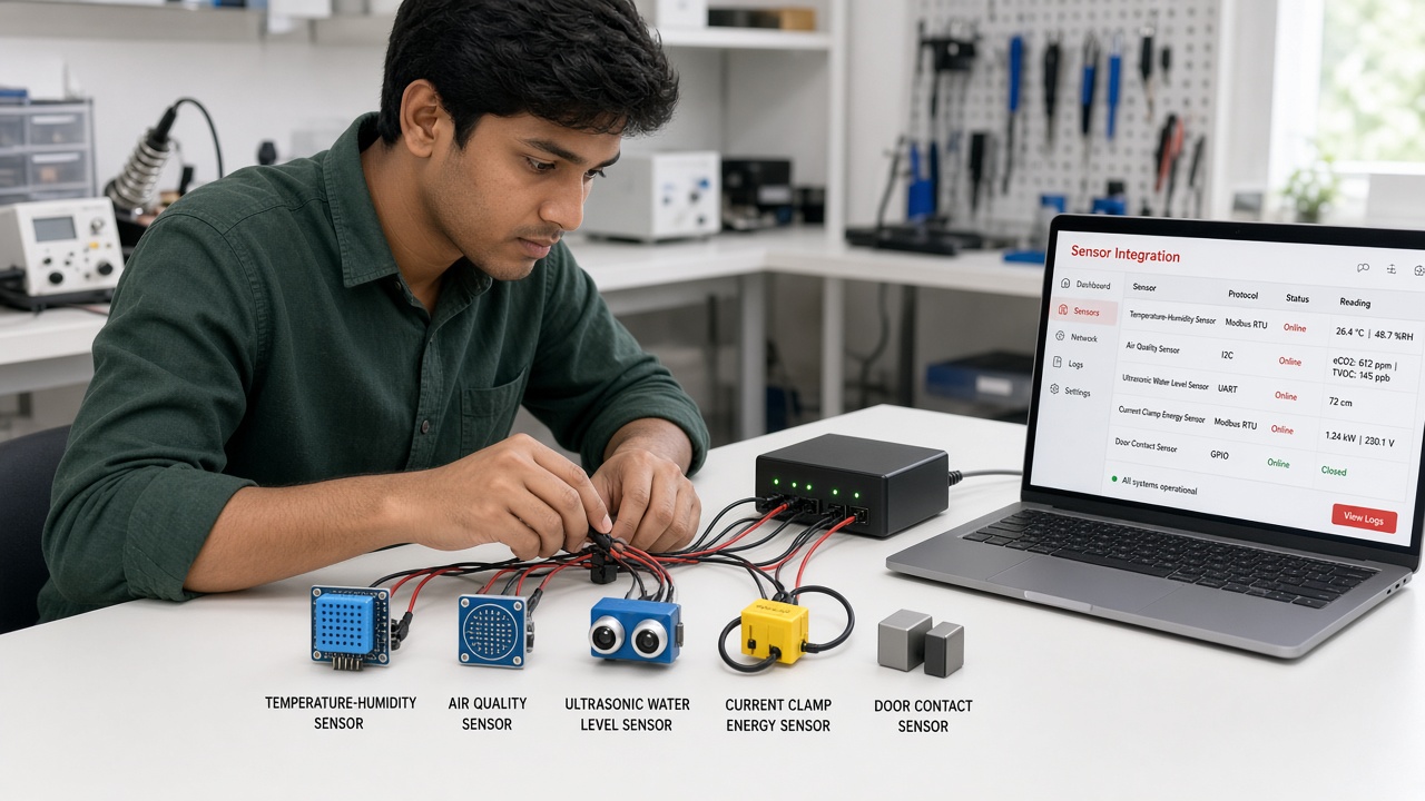 IoT engineer at a lab workbench connecting temperature-humidity, air quality, ultrasonic water level, current clamp energy and door contact sensors to a gateway, with a laptop listing each sensor, its protocol, online status and first reading