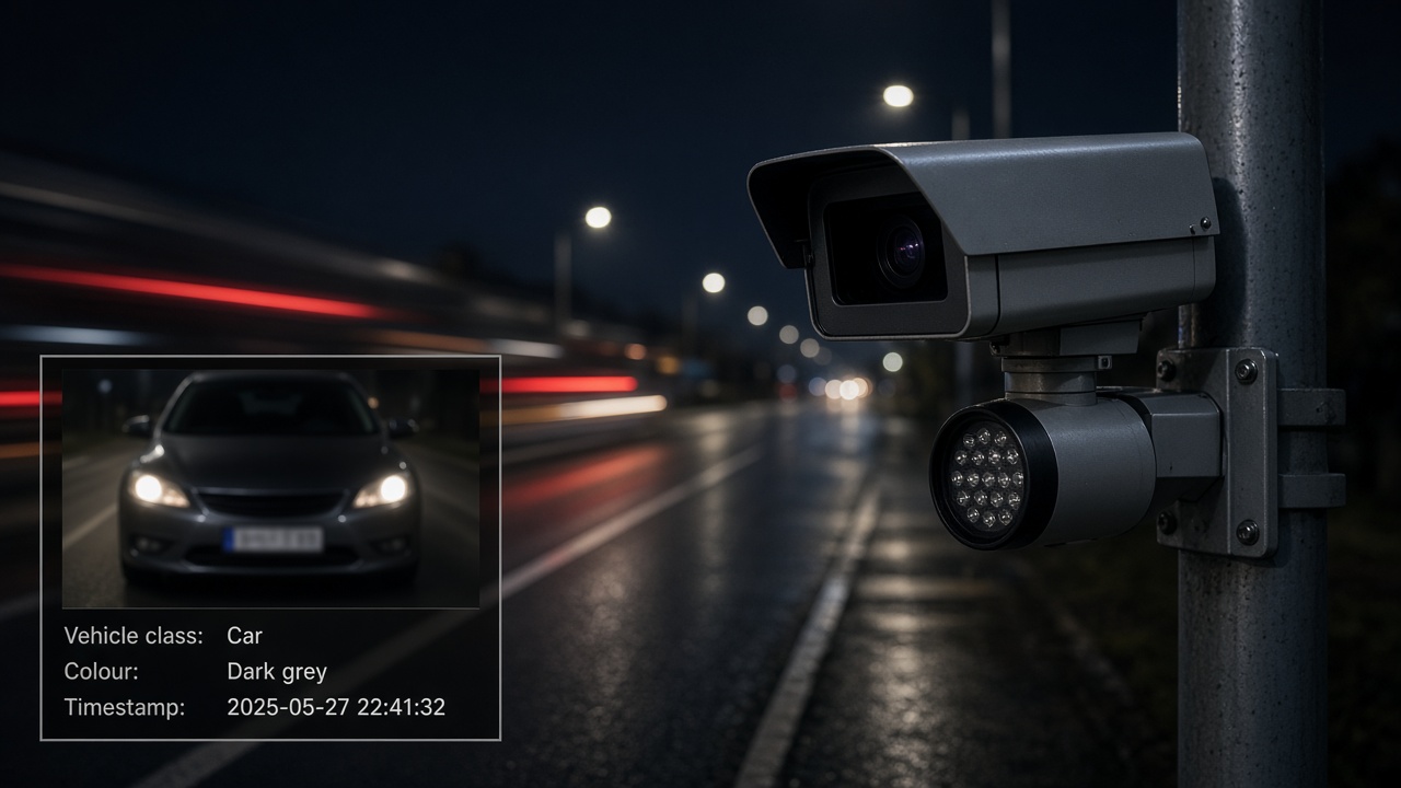 Roadside ANPR camera with an infrared illuminator on a pole at night, with an inset capture showing a vehicle front, class, colour and timestamp