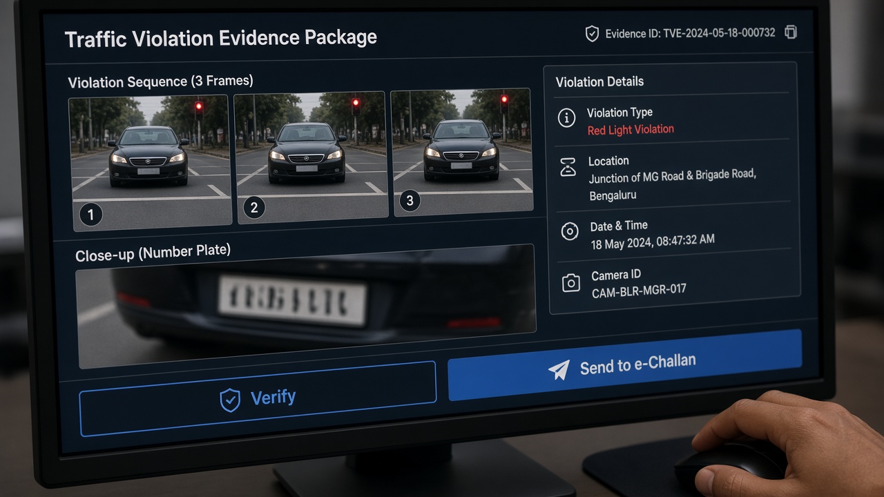 Traffic violation evidence package on a monitor with three sequential frames, a number plate close-up, violation details and buttons to verify and send to e-Challan
