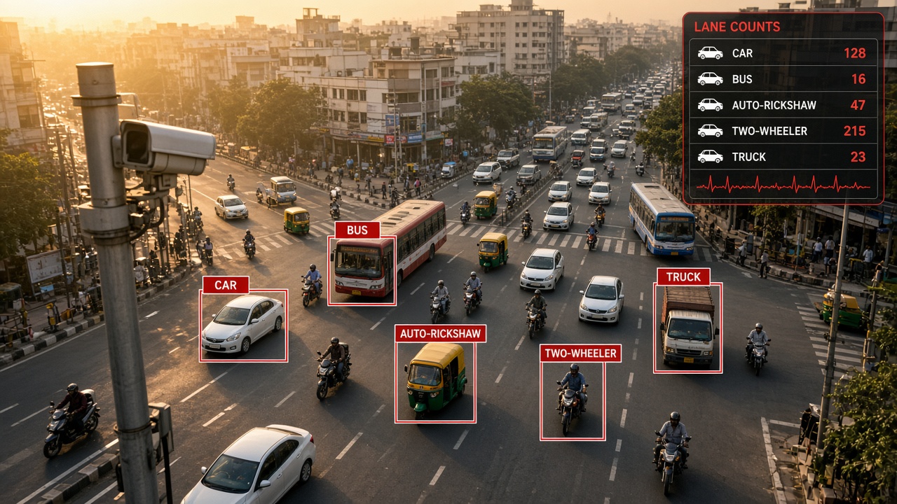 Busy Indian urban junction at golden hour with a roadside camera pole and AI boxes classifying a car, bus, auto-rickshaw, two-wheeler and truck, with a lane count panel