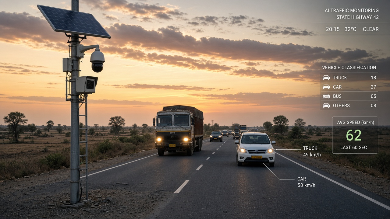 State highway through open countryside at dusk with a solar-powered roadside camera pole and AI overlays showing vehicle classification and speeds