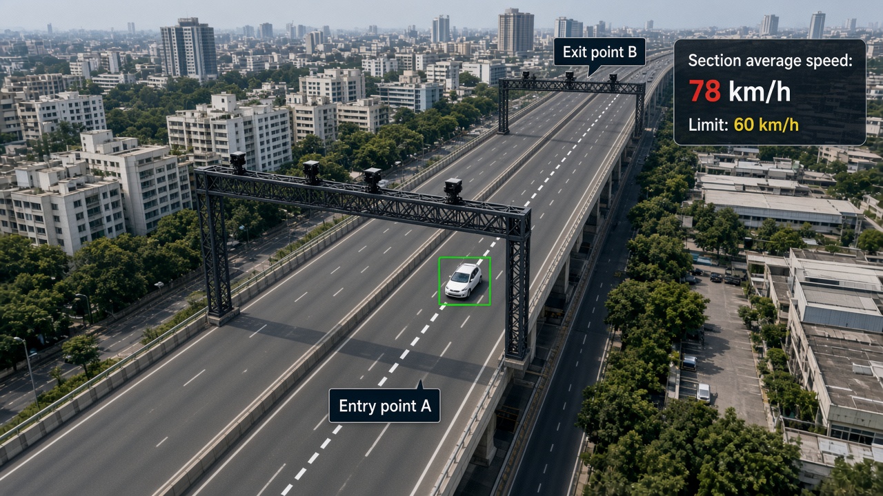 Aerial view of an elevated flyover with entry and exit camera gantries, a measured section between them and a card showing a section average speed of 78 km/h against a 60 km/h limit