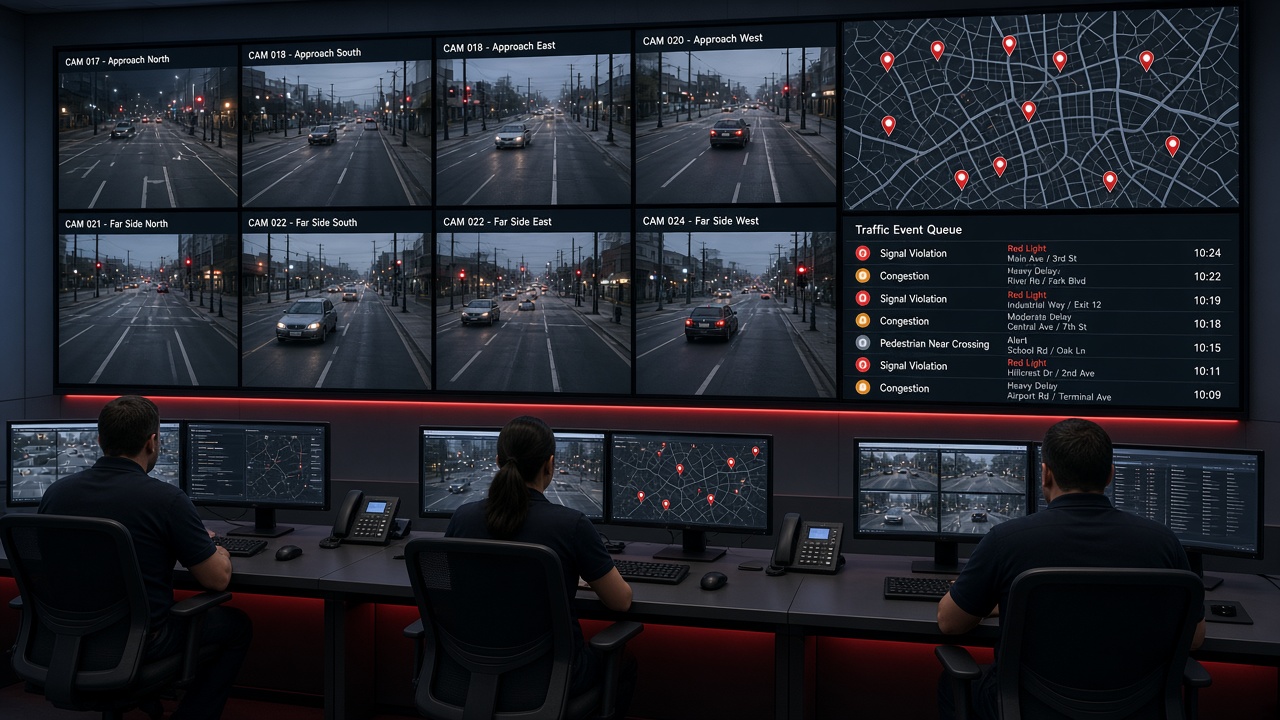 Traffic monitoring command centre with operators in front of a video wall of junction camera feeds, a city map with camera pins and a traffic event queue